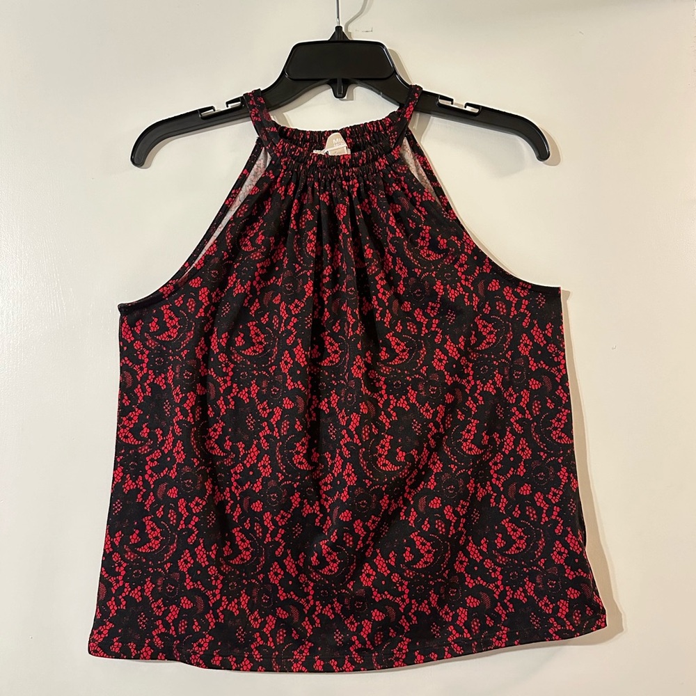 MICHAEL Michael Kors Red & Black Lace Print Sleeveless Halter Blouse-Small